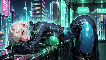 AI-generated- Cyber Valkyrie! Wet mechanical armor in a neon bathroom, silver and blonde hair duet on a skyscraper penthouse. From lazy leaning to fingertips touching glowing rings