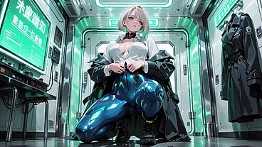 AI-generated- Cyber Valkyrie! Wet mechanical armor in a neon bathroom, silver and blonde hair duet on a skyscraper penthouse. From lazy leaning to fingertips touching glowing rings