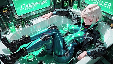 AI-generated- Cyber Valkyrie! Wet mechanical armor in a neon bathroom, silver and blonde hair duet on a skyscraper penthouse. From lazy leaning to fingertips touching glowing rings