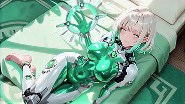 AI-generated- Cyber Valkyrie! Wet mechanical armor in a neon bathroom, silver and blonde hair duet on a skyscraper penthouse. From lazy leaning to fingertips touching glowing rings