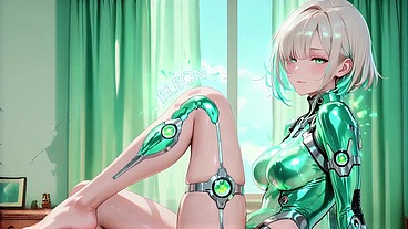 AI-generated- Cyber Valkyrie! Wet mechanical armor in a neon bathroom, silver and blonde hair duet on a skyscraper penthouse. From lazy leaning to fingertips touching glowing rings