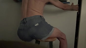 Short version in wife&rsquo_s denim shorts grinding butt groin and bulge on stool