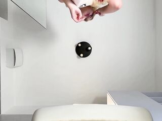 Hawt gal cute golden-haired lustful hotty in pink pants and with a satin nightie does the washroom routine previous to gonna the daybed