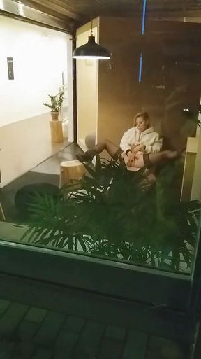 Slut Wife Piia masturbate at hotel lobby