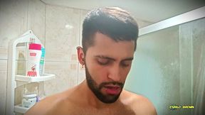 no hands water masturbation. letting the stream of water fall on my big uncut latino cock until it makes me cum hands free ?