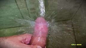 no hands water masturbation. letting the stream of water fall on my big uncut latino cock until it makes me cum hands free ?