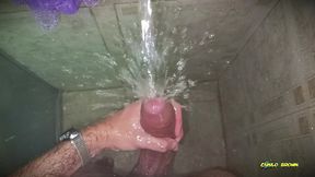 no hands water masturbation. letting the stream of water fall on my big uncut latino cock until it makes me cum hands free ?