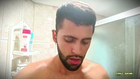no hands water masturbation. letting the stream of water fall on my big uncut latino cock until it makes me cum hands free ?