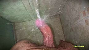 no hands water masturbation. letting the stream of water fall on my big uncut latino cock until it makes me cum hands free ?
