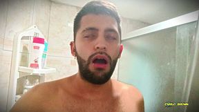 no hands water masturbation. letting the stream of water fall on my big uncut latino cock until it makes me cum hands free ?