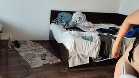 Sexy woman doing housework naked  Ejaculation on his wife's big ass  Hot foreplay with a couple