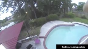 Solo slut jolts in poolside orgasm