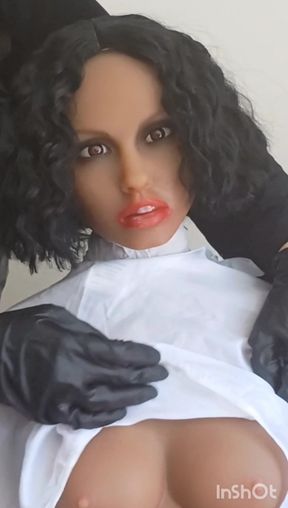 Topless ebony sex doll hairdressing cape fetish play