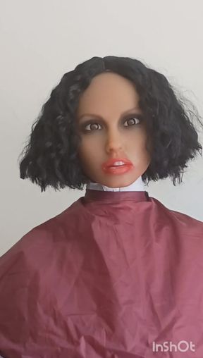 Topless ebony sex doll hairdressing cape fetish play