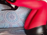 Laura on Heels amateur 2021 wearing red pantyhose and black platform high heels