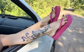 Pink Flip Flops on My Pretty Feet with Long Toes in Outdoor, on the Road, Grass, in the Car, Red Toenails Polish