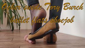 Ocher suede Tory Burch ballet flats: shoejob, cock crush, trampling cbt 4K