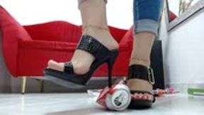 crushing and recycling some cardboxes, plastics and food and tincans with very sexy highheels mules