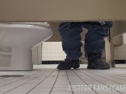 Caged sub offering his hole under the stall