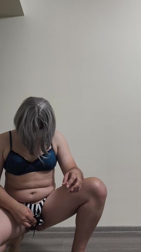 Crossdresser in bulge thong vibrating ass and cock