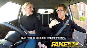 Faux driving college lesson finishes in suprise squirting orgasm and creampie