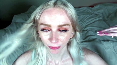 Remi Reagan begs to be owned in a blue tank top before edging and facial cumshot