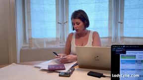 Horny brunette office babe Lady Lyne masturbates at desk at LadyLyne