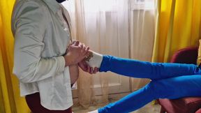 After a long walk in sneakers, my feet are sweaty. It's time for a foot massage from my submissive.