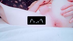 Femboy using dildo on bed