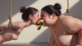 Skinny Girl in Bondage Humiliated by Fat Mistress - Stuffed With Food