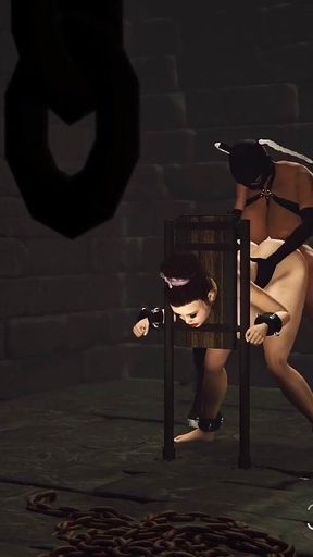 Super hot black shemale fucks hard a busty cuffed brunette in the dungeon