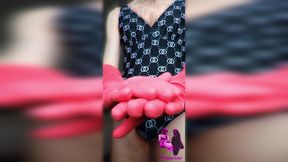 ASMR noise of red long rubber gloves over black swimsuit