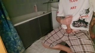 Skinny guy jerks off before taking a bath