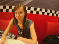 Skinny young babe uses her tight shaved pussy to pay for her drinks