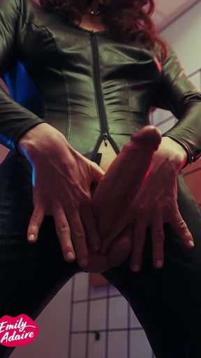 Key moment from "Trans Girl in Leather Catsuit jerks off - deleted scenes"