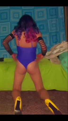White coat and purple swimsuit