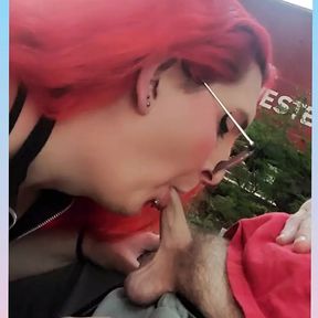 Shemale deepthroats and takes bareback creampie outdoors