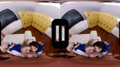 POV VR cosplay threesome with Tina Kay Alexa Tomas and Kate Kennedy in virtual reality