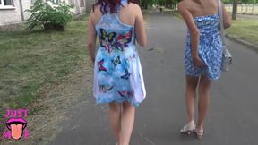 Two Girls Flashing Pussy In Public Park, Upskirt No Panties