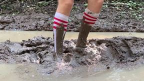 White nylon socks in mud, knee high socks in mud, muddy white socks, girl in mud, messy socks