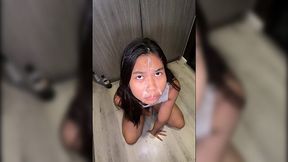 Tiny thai teen works hard to please a guy's big white cock in POV