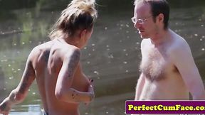 Dominant busty babe makes him cum outdoors