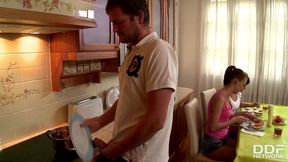 naughty coeds demetris and leda suck on man sausage atop the kitchen table