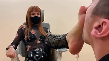 Submissive Guy Kneels In Front of Goddess Kira and Serves Here Foot - Sucks Toes and Licks Her Feet