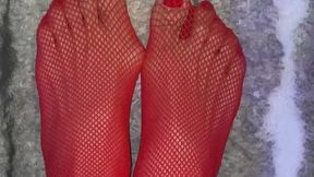 Sexy Asian Feet with long toes in Red fishnet stocking