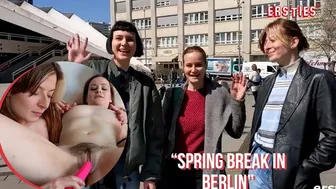 Three German girls with big tits share lesbian dildo fun on spring break
