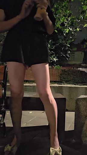 Petite Tgirl Ting Xuan Outdoor Anal Ride with Dildo