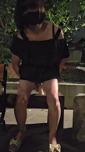 Petite Tgirl Ting Xuan Outdoor Anal Ride with Dildo