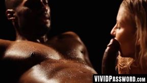 Luscious girl pleasures then rides a big black pole for intense fun