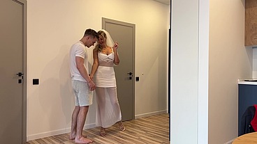 Wedding dress bride cheats with me and moans like a slut on the couch